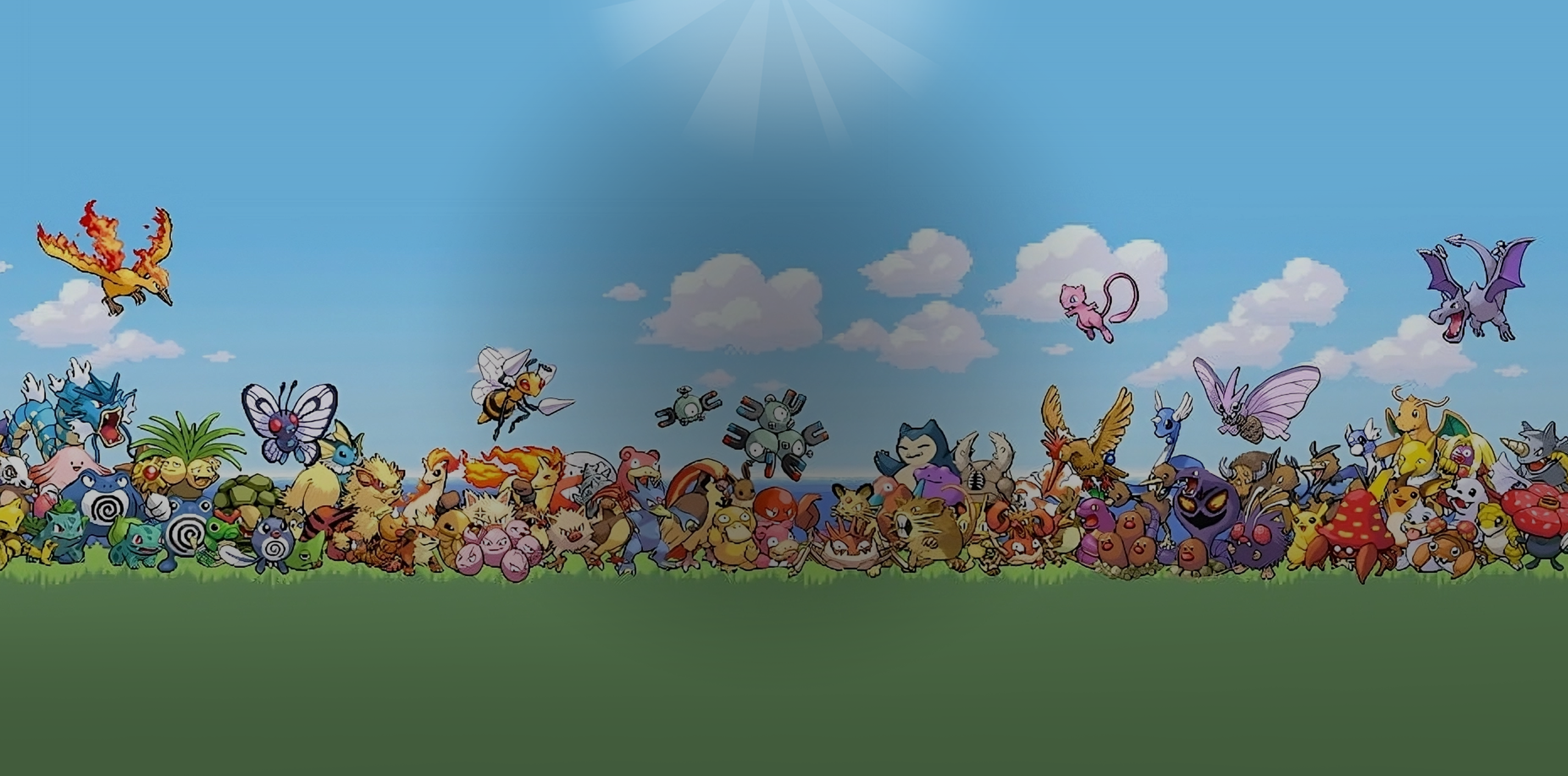 ポケモン性格診断のメインビジュアル。青空と草原を背景に初代ポケモンたちが集まるイラスト